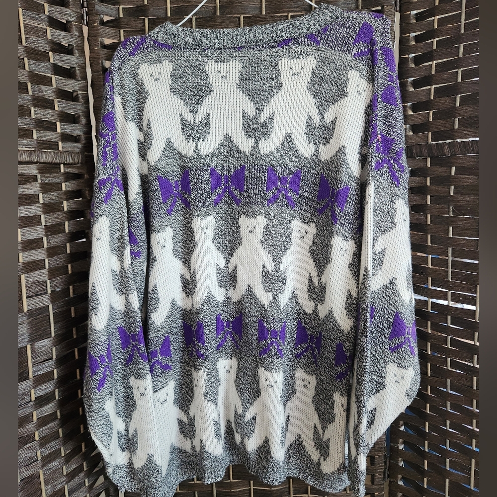 Vintage TEDDY BEAR Bow Ribbon Print Sweater Knit